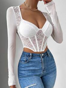 SHEIN Allurite Sweetheart Neck Asymmetrical Hem Bustier Lace Mesh Top - White - View 3