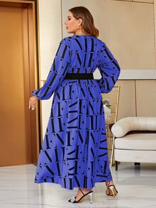 Glamaker 大碼字母圖案燈籠袖深V領繫腰帶洋裝