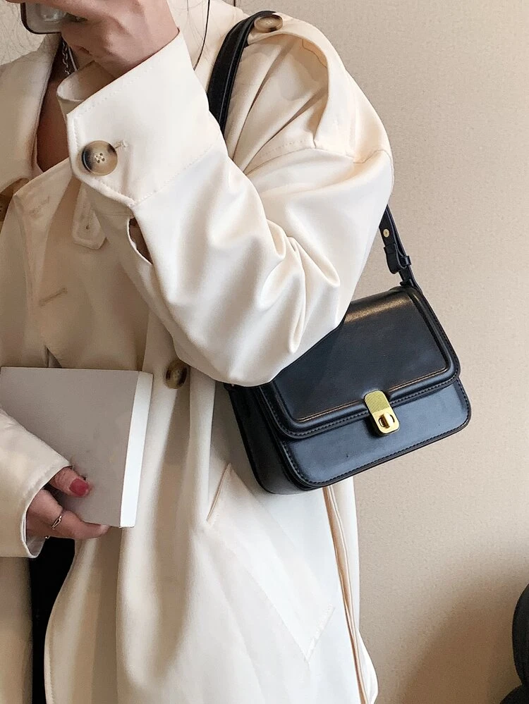 1PC Minimalist Black Pattern Women's Shoulder Bag Square Bag Adjustable Shoulder Strap Flip Button Zipper Crossbody Bag PU Material