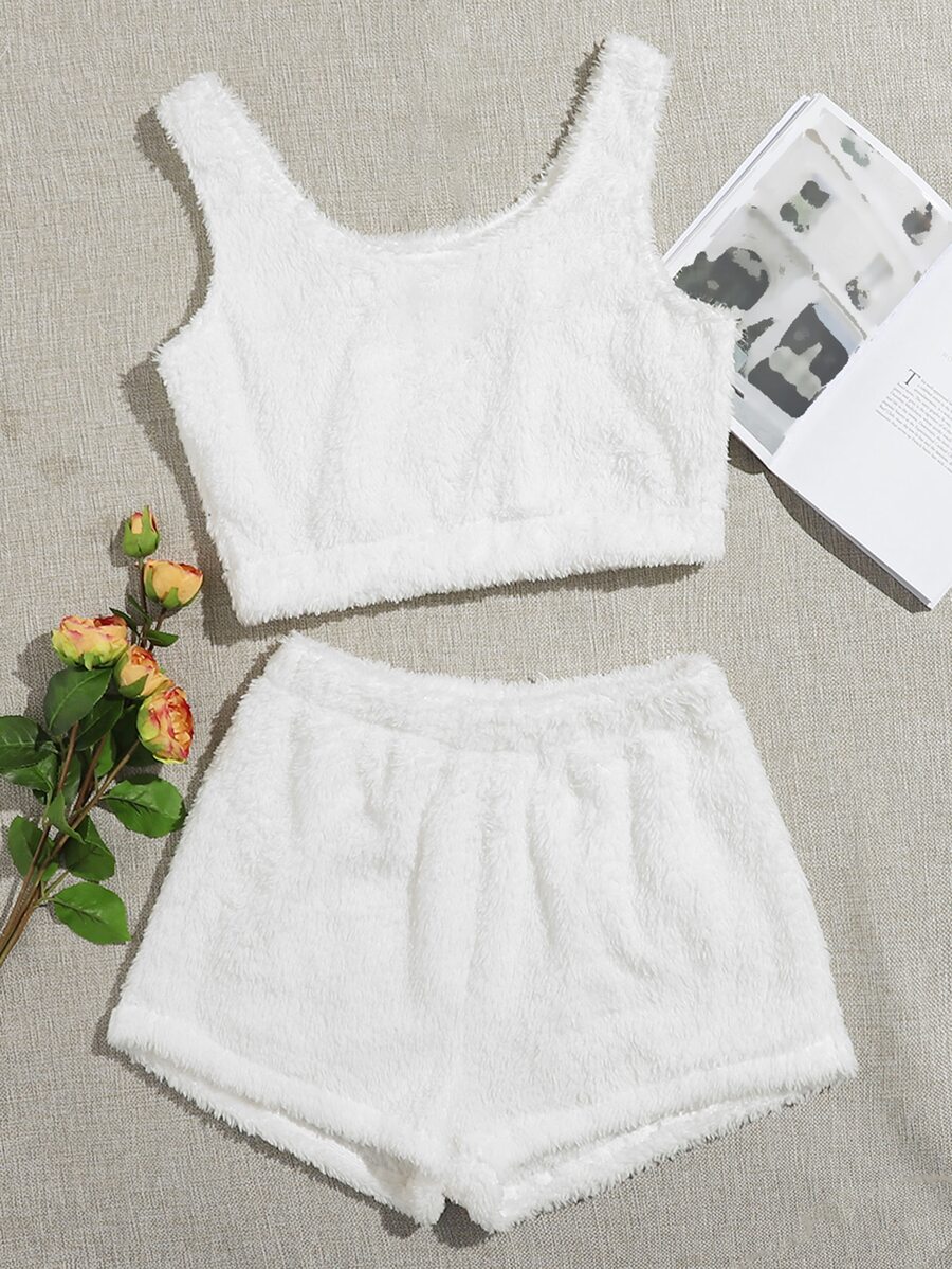 Plus 纯色法兰绒睡衣套装/睡衣套装 - 白色 - 查看 1