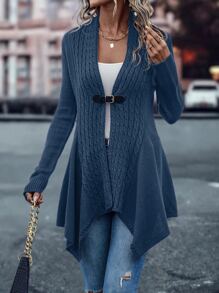 SHEIN LUNE Cárdigan tejido de cable bajo asimétrico - Azul - Ver 3