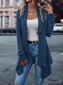 SHEIN LUNE Cárdigan tejido de cable bajo asimétrico - Azul - Ver 4
