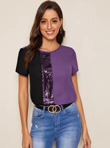 SHEIN Clasi Colour-block Sequin Panel Top - Multicolor - View 1