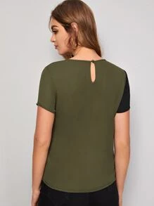 SHEIN Clasi Sequin Panel Colour-block Top - Army Green - View 2