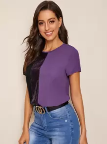 SHEIN Clasi Colour-block Sequin Panel Top - Multicolor - View 3
