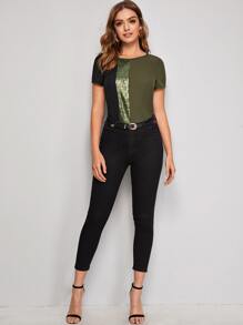 SHEIN Clasi Sequin Panel Colour-block Top - Army Green - View 4