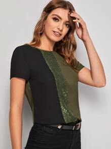 SHEIN Clasi Sequin Panel Colour-block Top - Army Green - View 5