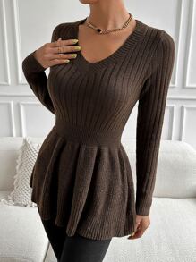 Ribbed Knit Peplum Jumper - Chocolate Brown - View 1
