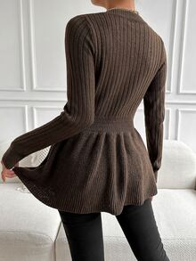 Ribbed Knit Peplum Jumper - Chocolate Brown - View 2