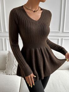 Ribbed Knit Peplum Jumper - Chocolate Brown - View 4