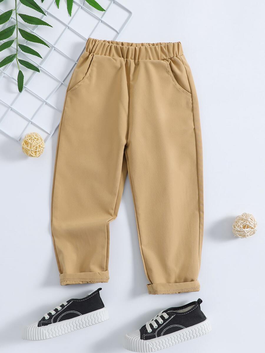SHEIN 小男童素色翻蓋口袋長褲 - 卡其色 - 查看 1