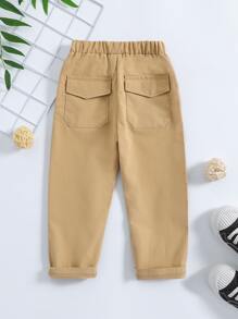 SHEIN 小男童素色翻蓋口袋長褲 - 卡其色 - 查看 2