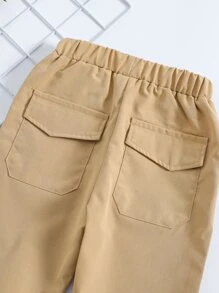 SHEIN 小男童素色翻蓋口袋長褲 - 卡其色 - 查看 3