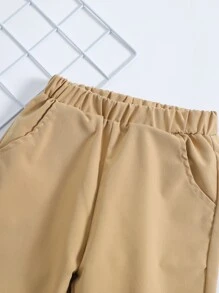 SHEIN 小男童素色翻蓋口袋長褲 - 卡其色 - 查看 5