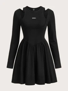 SHEIN EZwear 字母貼布鏤空假兩件連衣裙 - 黑色 - 查看 1