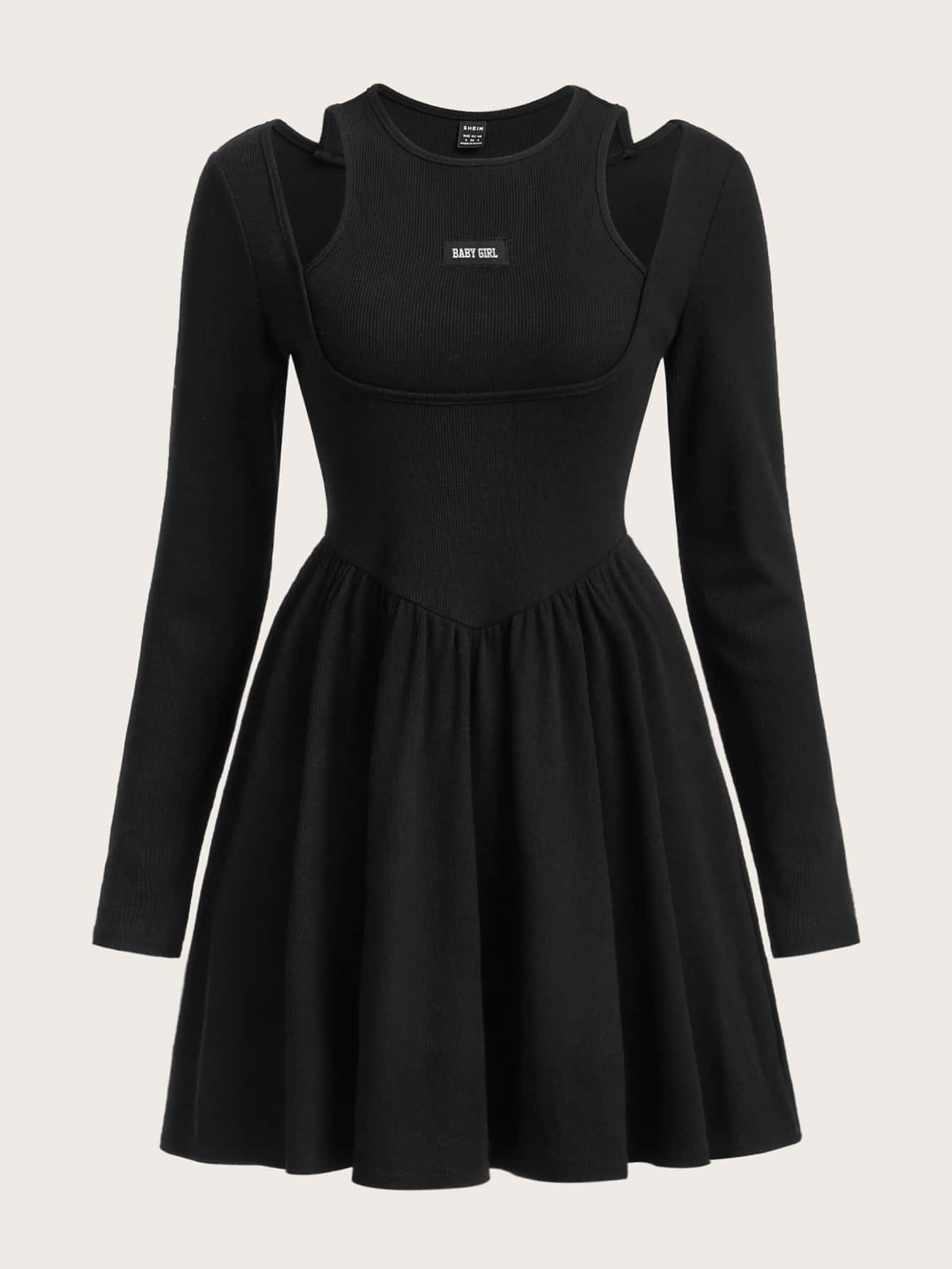 SHEIN EZwear 字母貼布鏤空假兩件連衣裙 - 黑色 - 查看 1