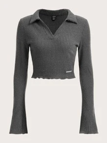 SHEIN EZwear 純色波浪袖短款t恤 - 深灰色 - 查看 1