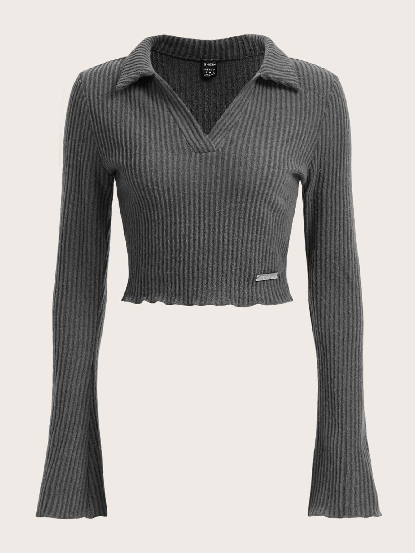 SHEIN EZwear 純色波浪袖短款t恤 - 深灰色 - 查看 1