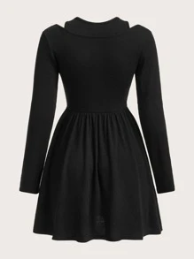 SHEIN EZwear 字母貼布鏤空假兩件連衣裙 - 黑色 - 查看 2