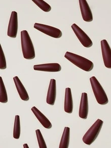 Instantly Upgrade Your Look With 24pcs Long Coffin Burgundy Solid Color Matte Fake Nail & 1pc Nail File & 1sheet Tape Press On Nails Nail Supplies - Burgundy - View 4