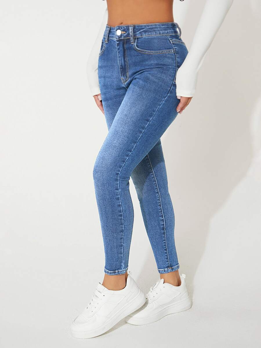 SHEIN PETITE Quần jean nữ Nút Túi Dây kéo màu trơn - Rửa trung bình - Xem 1