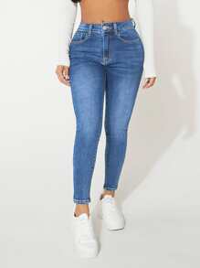 SHEIN PETITE Quần jean nữ Nút Túi Dây kéo màu trơn - Rửa trung bình - Xem 4