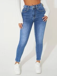 SHEIN PETITE Quần jean nữ Nút Túi Dây kéo màu trơn - Rửa trung bình - Xem 5