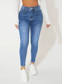 SHEIN PETITE Quần jean nữ Nút Túi Dây kéo màu trơn - Rửa trung bình - Xem 6