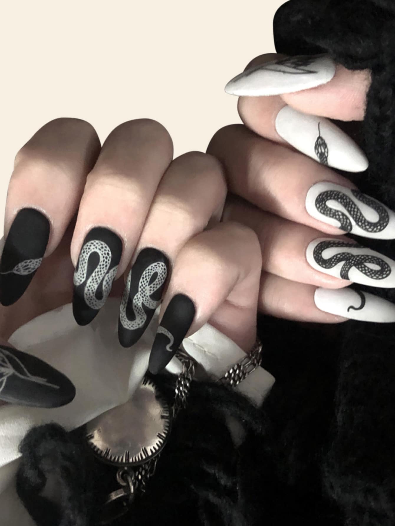 Transform Your Nails with 24pcs Long Almond Black And White Matte Snake Pattern Fake Nail & 1pc Nail File & 1sheet Tape - Multicolor - View 1