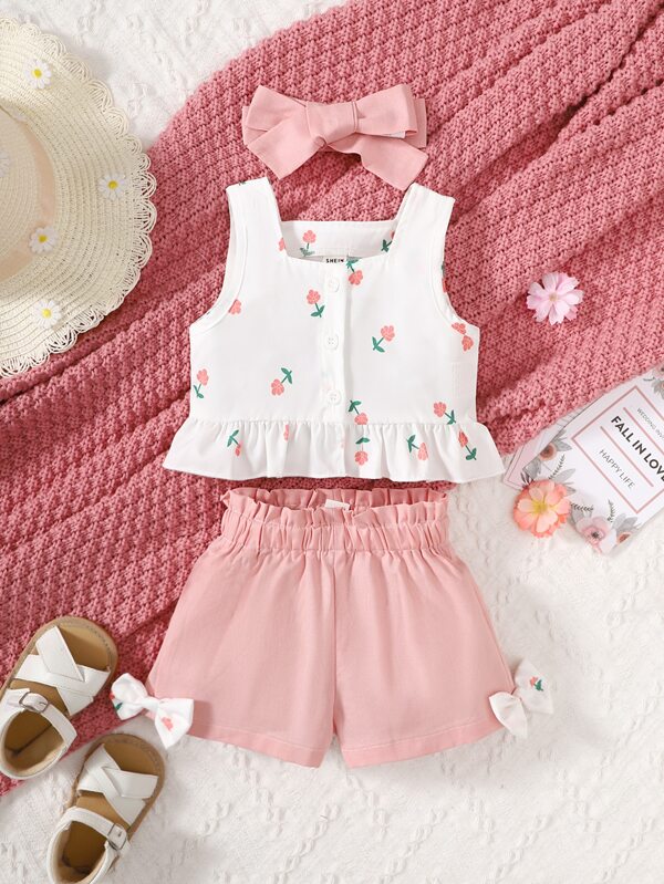 Baby Girl Floral Peplum Tank Top & Bow Shorts & Headband