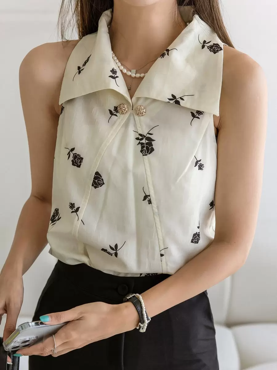 DAZY Floral Print Button Front Blouse Going Out Tops - Apricot - View 1