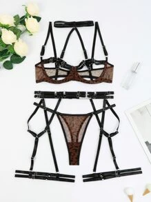 大碼豹紋網紗鋼圈吊帶襪內衣套裝