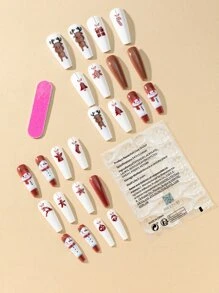 24Pcs Coffin Christmas Graphic Fake Nail & 1Pc Nail File & 1Sheet Tape Press On Nails Nail Supplies Nails