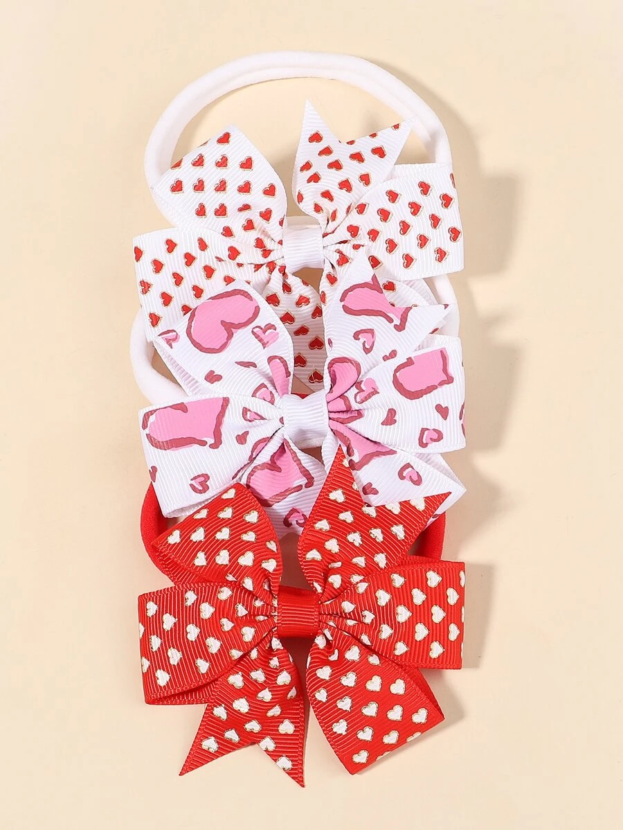 Bebé 3 piezas Banda de pelo con patrón de corazón con diseño de lazo - Multicolor - Ver 1