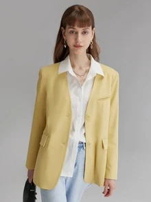 素色翻蓋細節前紐扣西裝外套 - 黃色 - 查看 1