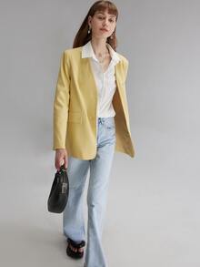 素色翻蓋細節前紐扣西裝外套 - 黃色 - 查看 3
