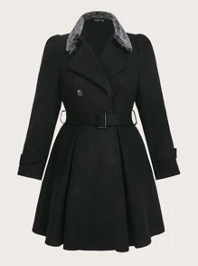 SHEIN Clasi Plus Double Breasted Belted Overcoat - Black - View 1