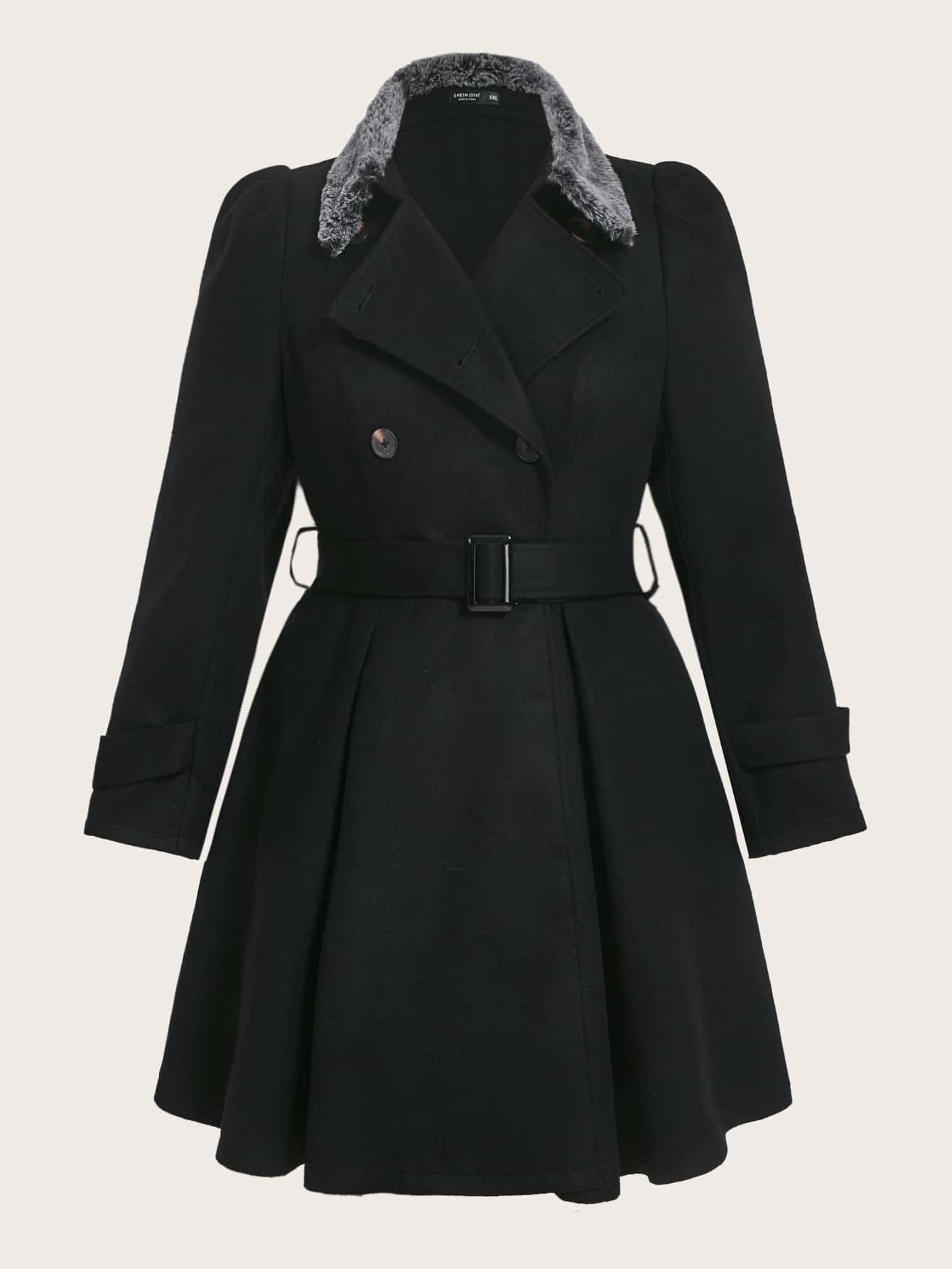 SHEIN Clasi Plus Double Breasted Belted Overcoat - Black - View 1