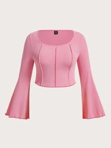 SHEIN EZwear 大碼接縫細節木耳邊T恤 - 淺粉色 - 查看 1