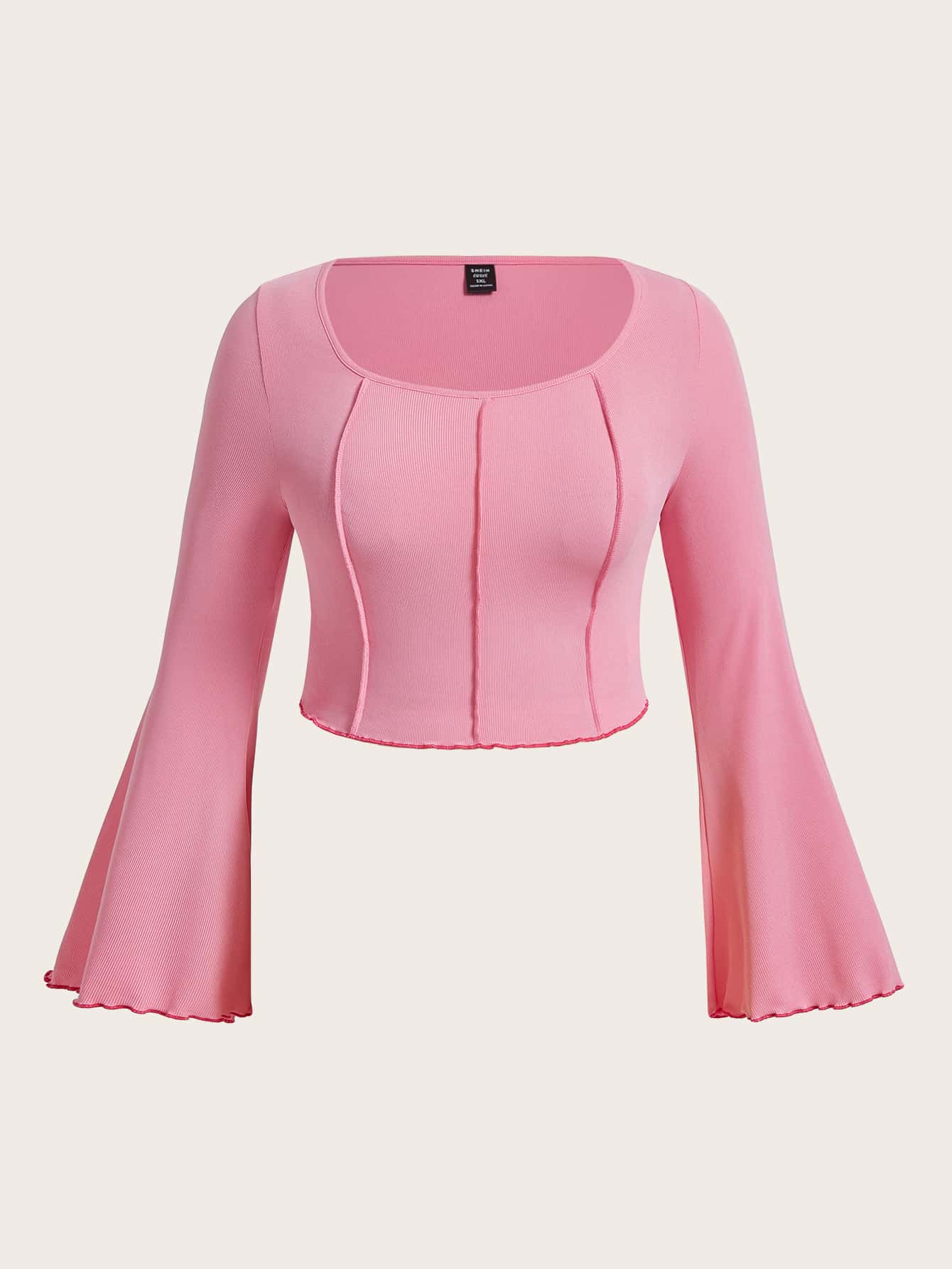 SHEIN EZwear 大碼接縫細節木耳邊T恤 - 淺粉色 - 查看 1