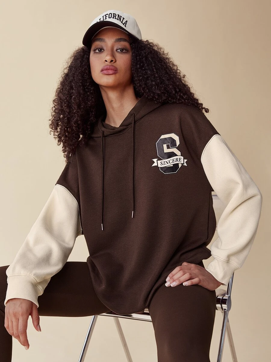 SHEIN EZwear Quần áo thể thao nữ Dây kéo Khối Màu Lá thư Giải trí - Màu nâu Sô-cô-la - Xem 1