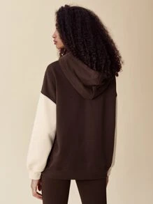 SHEIN EZwear Quần áo thể thao nữ Dây kéo Khối Màu Lá thư Giải trí - Màu nâu Sô-cô-la - Xem 2