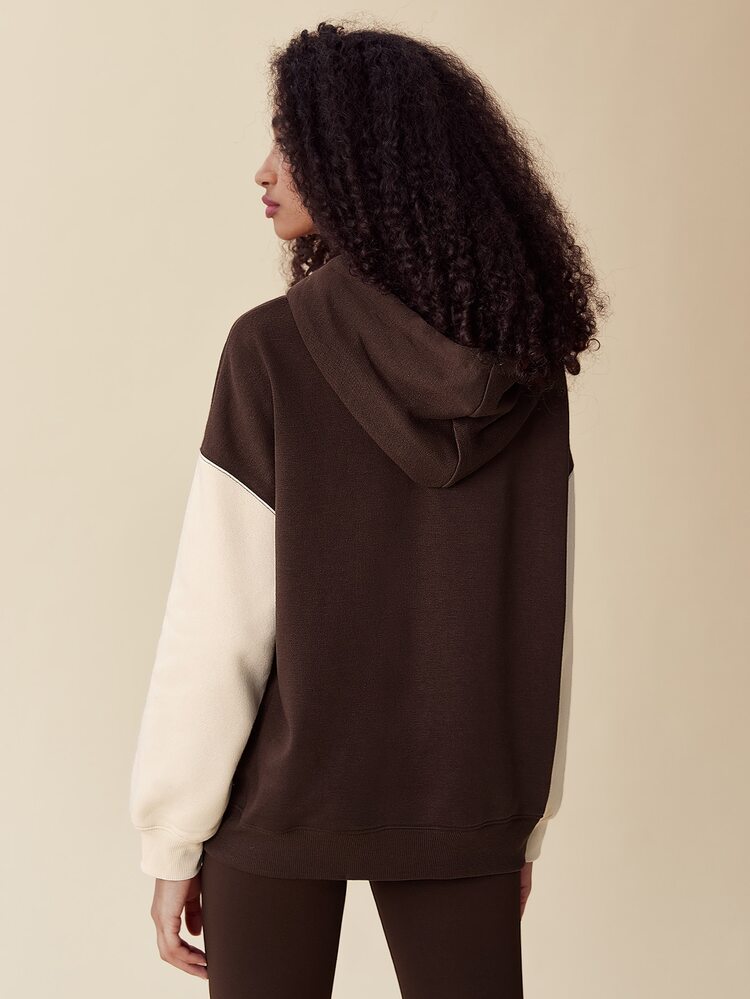 SHEIN EZwear Quần áo thể thao nữ Dây kéo Khối Màu Lá thư Giải trí - Màu nâu Sô-cô-la - Xem 2