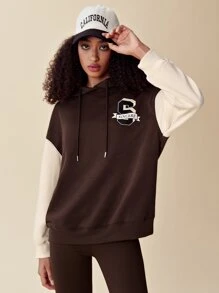 SHEIN EZwear Quần áo thể thao nữ Dây kéo Khối Màu Lá thư Giải trí - Màu nâu Sô-cô-la - Xem 3