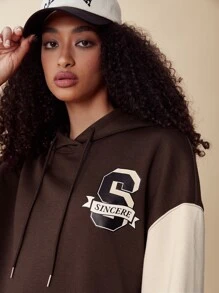 SHEIN EZwear Quần áo thể thao nữ Dây kéo Khối Màu Lá thư Giải trí - Màu nâu Sô-cô-la - Xem 4