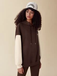 SHEIN EZwear Quần áo thể thao nữ Dây kéo Khối Màu Lá thư Giải trí - Màu nâu Sô-cô-la - Xem 6