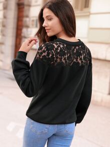 SHEIN Frenchy Pullover de canesú de encaje unicolor - Negro - Ver 6