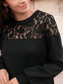 SHEIN Frenchy Pullover de canesú de encaje unicolor - Negro - Ver 2