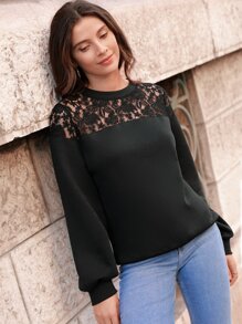 SHEIN Frenchy Pullover de canesú de encaje unicolor - Negro - Ver 5