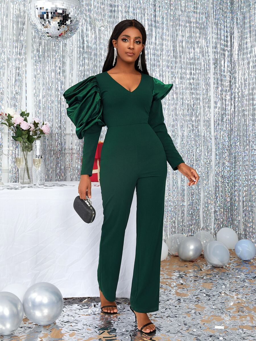 Gigot Sleeve V Neck Jumpsuit - Dark Green - View 1